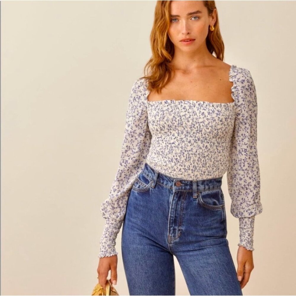 Reformation Pinto Long Sleeve Blouse Sz S White Blue Floral Milkmaid Cottagecore